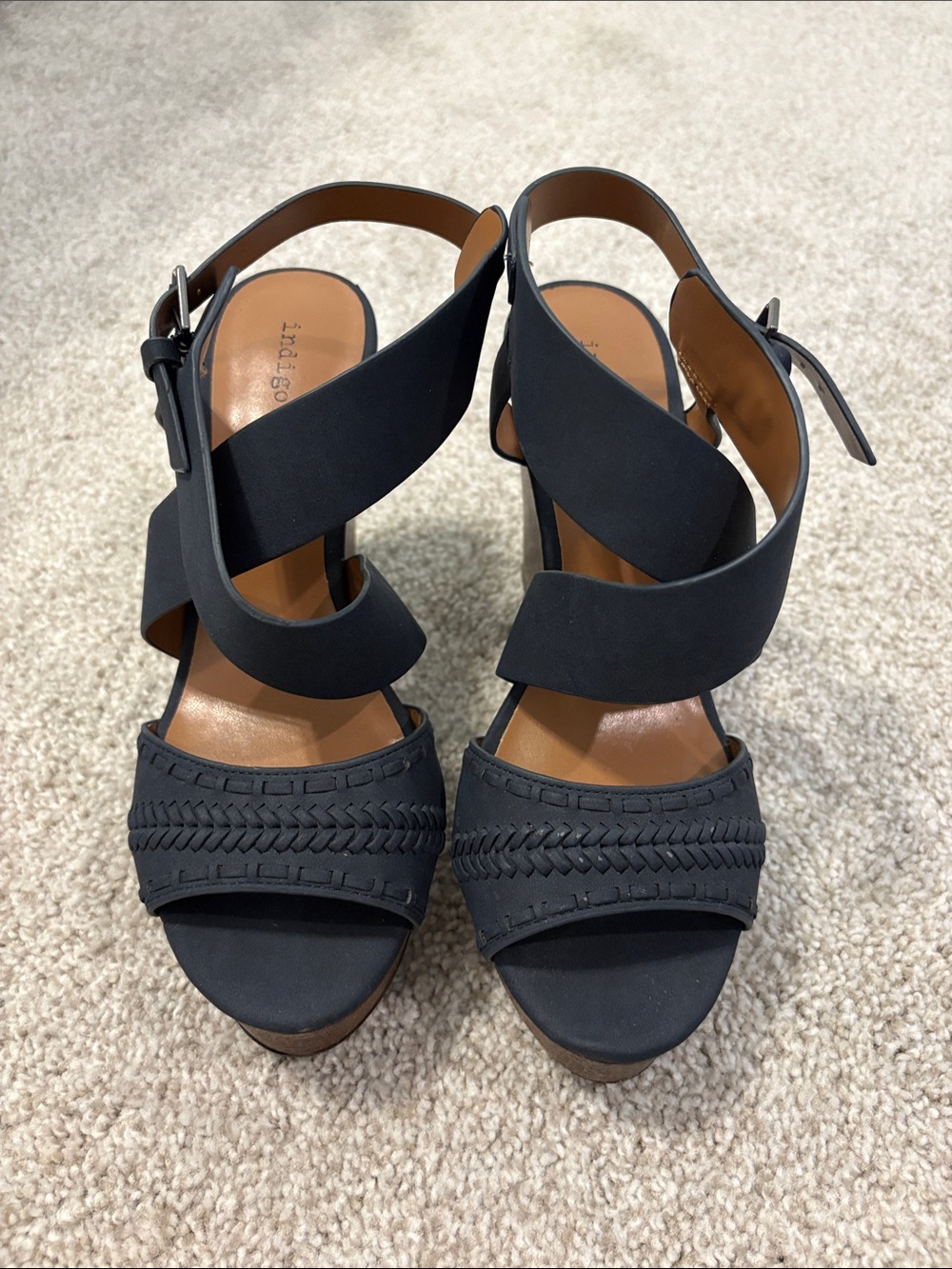 NWOT Indigo Navy Braided-Trim Wedge Sandals